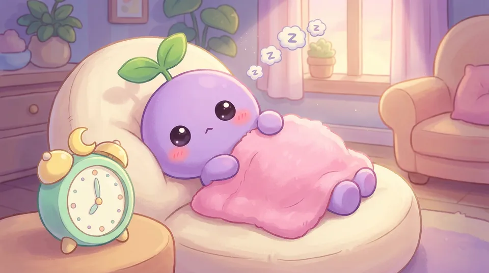 The dreamling napping on a round cushion beside a cute alarm clock with a moon on top
