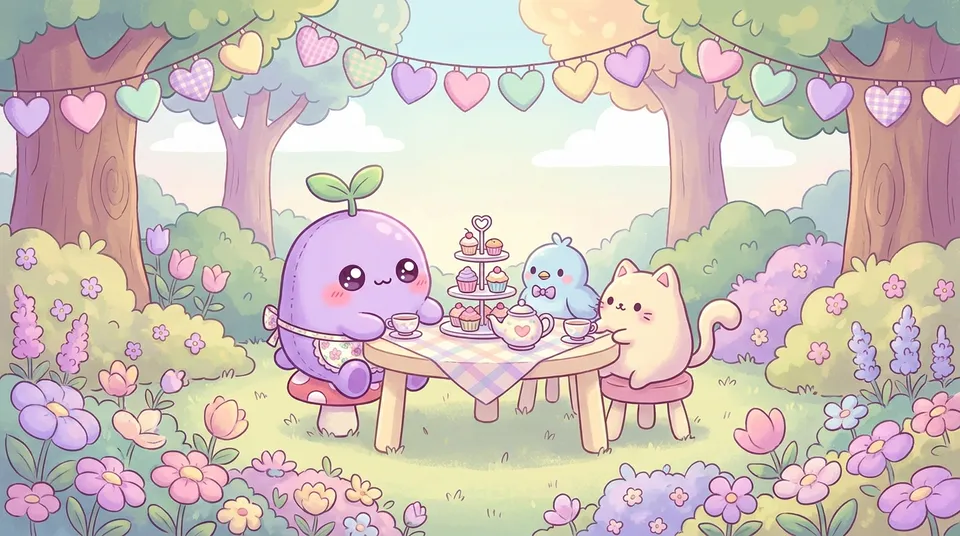 The dreamling at a garden tea party with a small blue bird and a cream-coloured blob creature