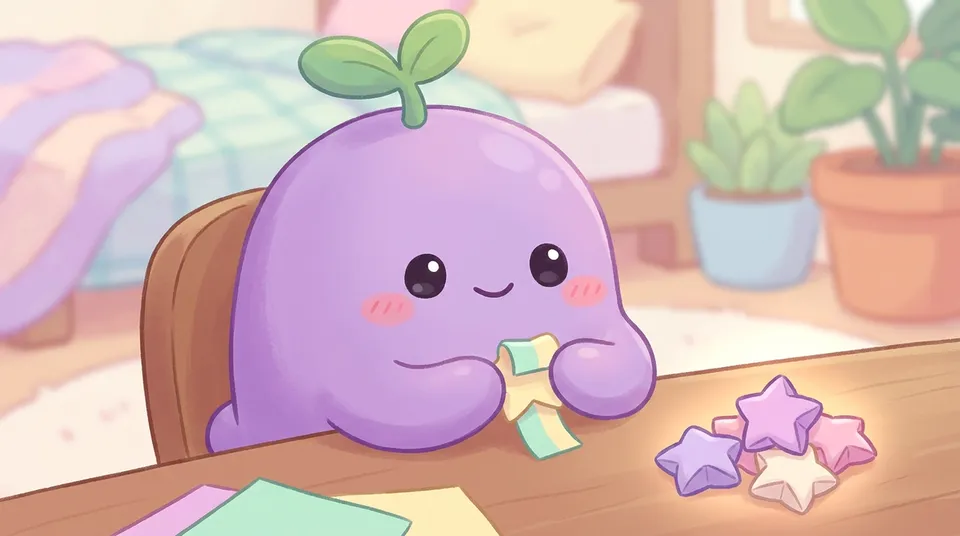 The dreamling folding a strip of pastel paper into a tiny lucky star