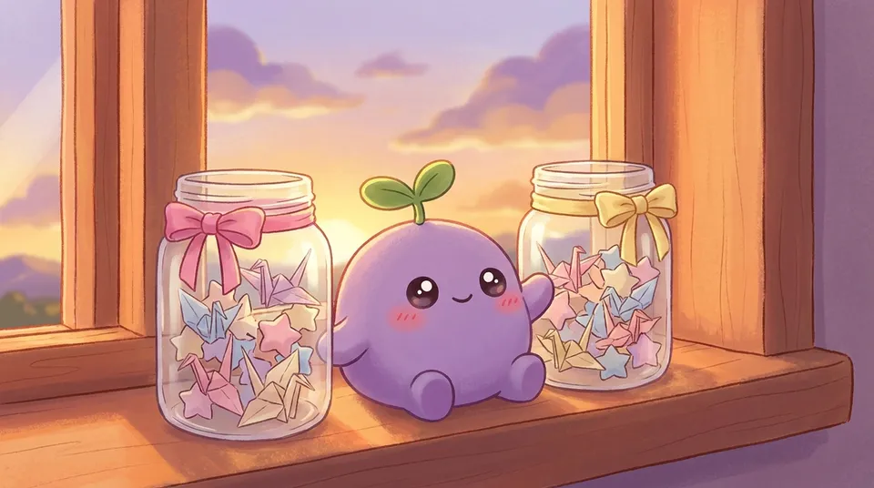 Two glass jars full of notes and paper stars on a windowsill at sunset, the dreamling between them