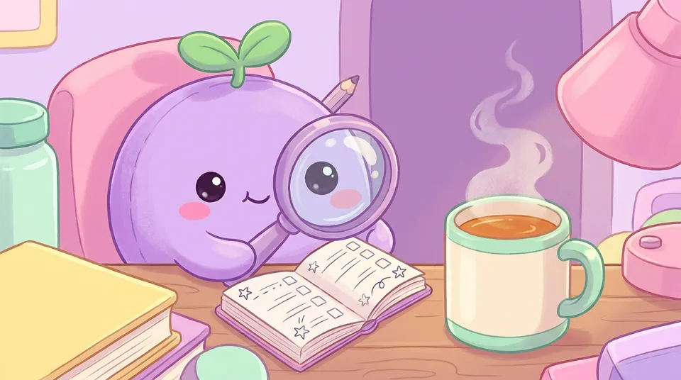 The dreamling looking at a notebook of checkboxes through a big magnifying glass