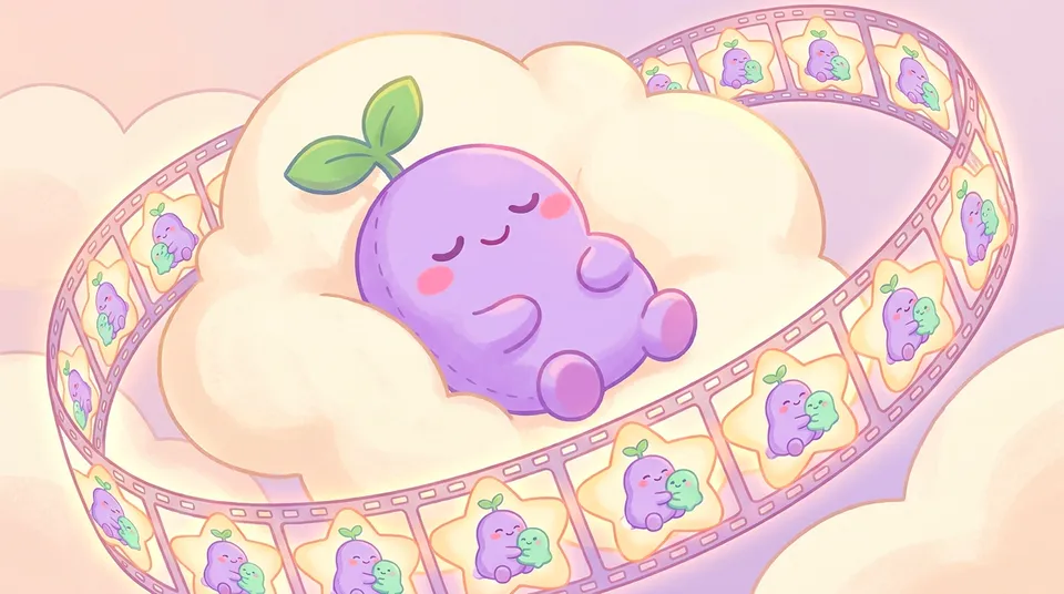 A looping film strip of glowing stars circling the sleeping dreamling, the same happy moment in every frame