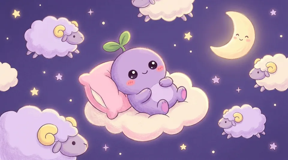 The dreamling almost asleep on a cloud pillow, sheep-shaped clouds drifting past a smiling moon