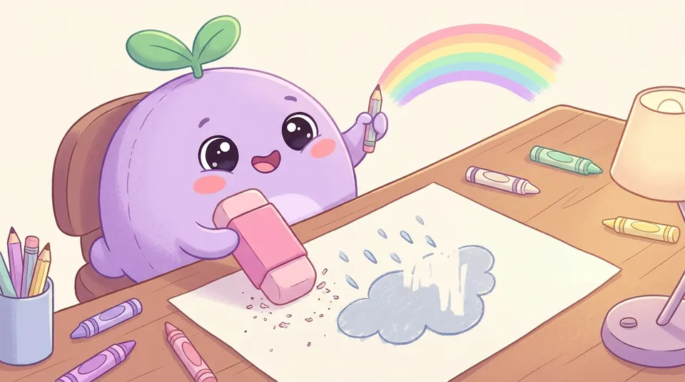 The dreamling erasing a rain cloud drawing and redrawing it as a rainbow