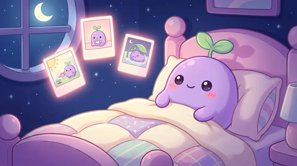 The dreamling in bed at night looking at glowing instant photos from its day