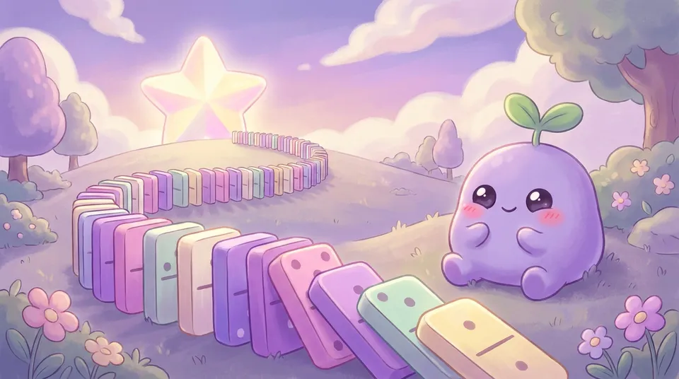 A curving line of pastel dominoes falling toward a glowing star while the dreamling watches