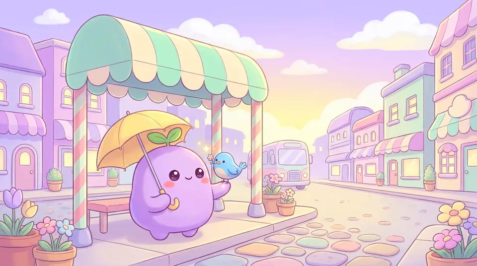 The dreamling at a bus stop meeting a small blue bird who offers it a flower