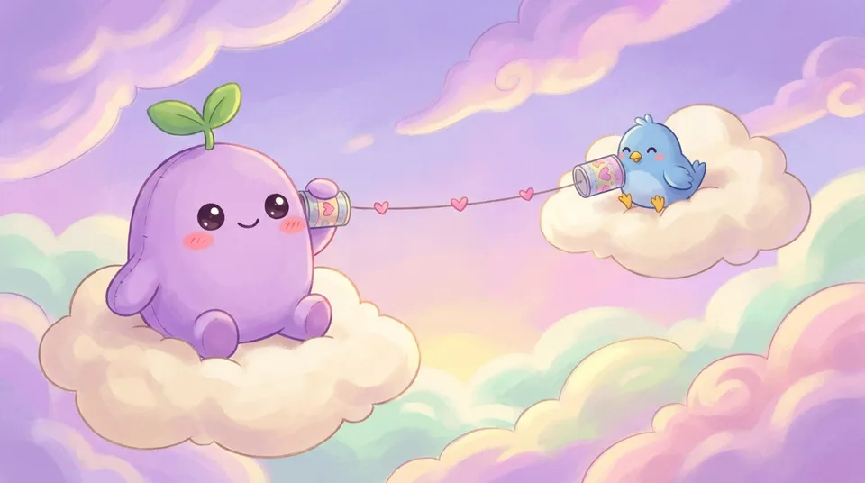 The dreamling on a cloud talking into a tin-can telephone to a small blue bird on another cloud