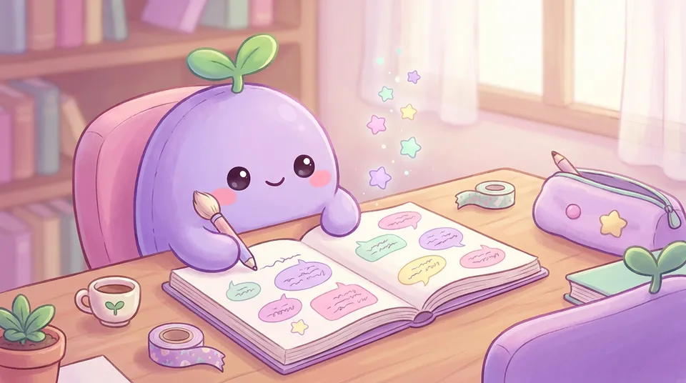 The dreamling writing in a notebook full of pastel speech bubbles