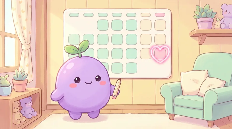 The dreamling in front of a wall calendar with one future day circled by a glowing heart