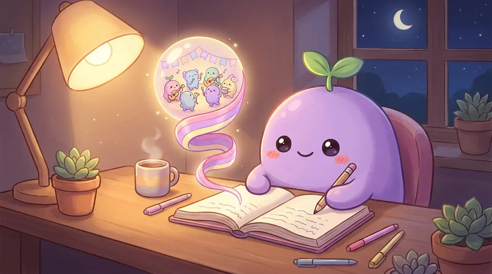 The dreamling writing in a journal at night, a ribbon from the page curling into a tiny celebration
