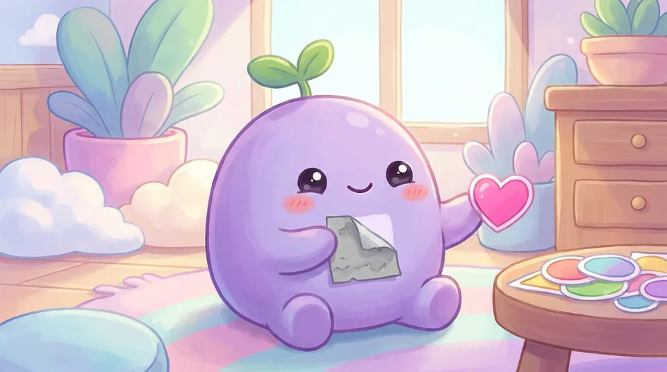 The dreamling swapping an old grey sticky note on its chest for a pink heart sticker