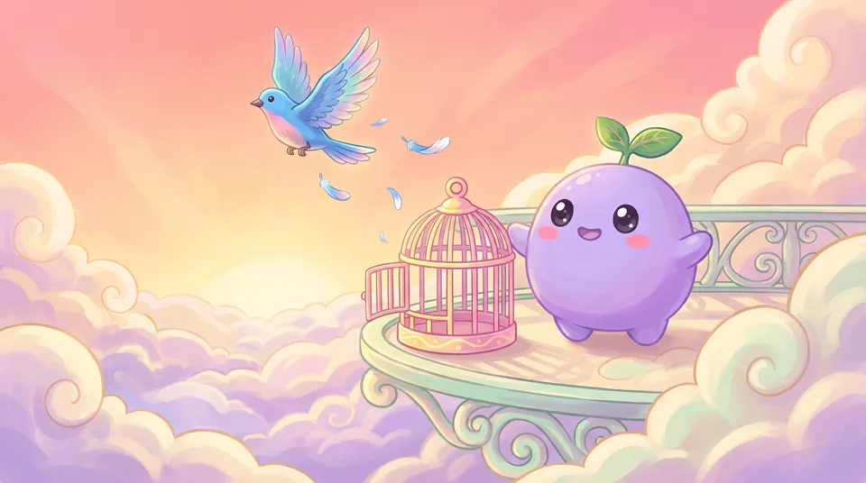 The dreamling opening a small birdcage as a bluebird flies out at sunrise