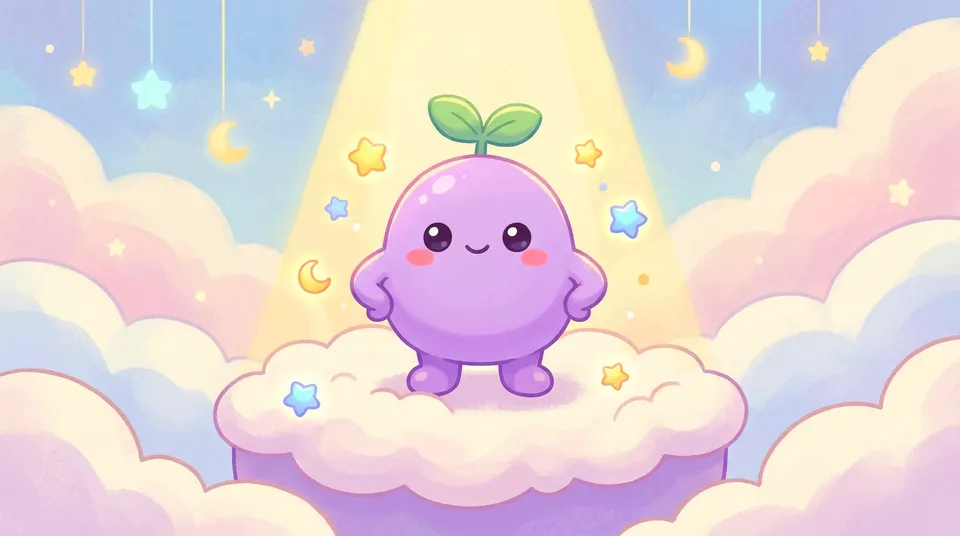 The dreamling standing tall on a little cloud stage, tiny arms on its hips, in soft golden light