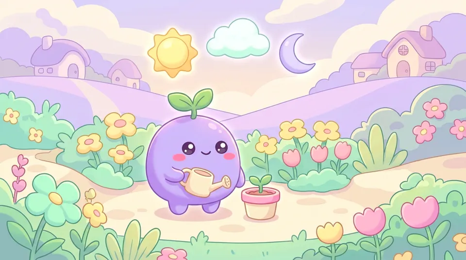The dreamling watering a tiny sprout in a pot, with little sun, cloud and moon markers above