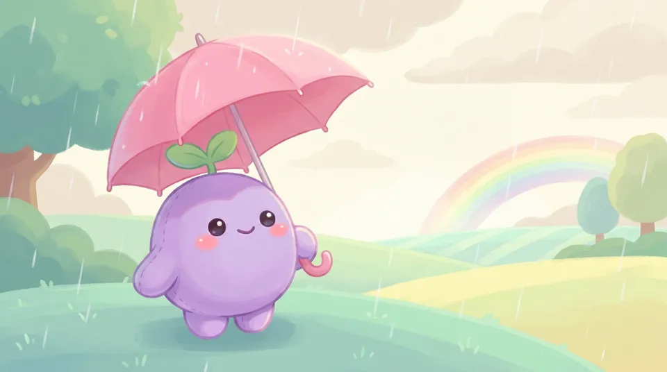 The dreamling calm under a pink umbrella in soft rain, a rainbow starting in the distance