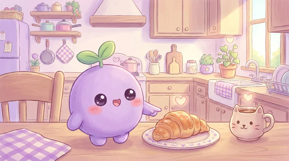 The dreamling pointing at small good things in a kitchen, each with a glowing heart above it