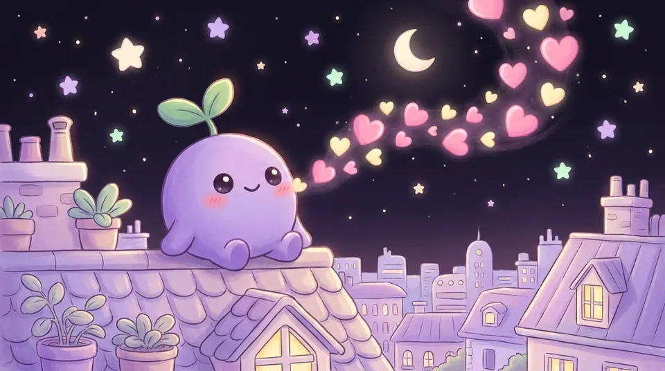 The dreamling on a rooftop at night blowing a stream of glowing hearts into the sky