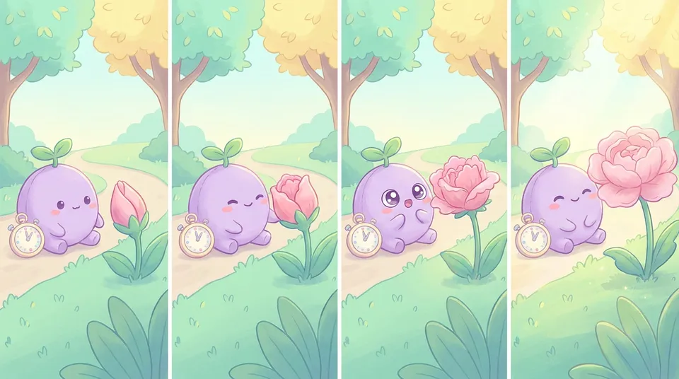 A flower opening from bud to bloom beside the dreamling and a little stopwatch
