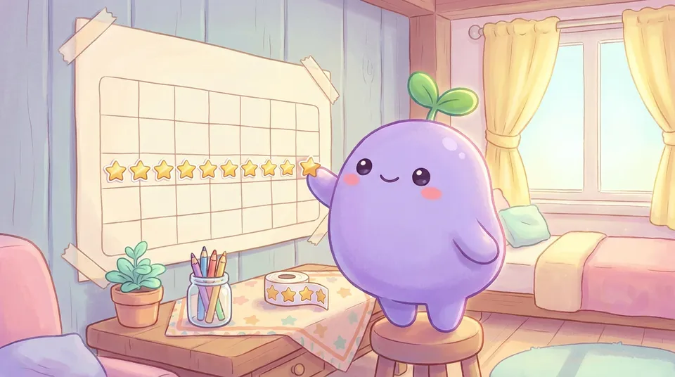 The dreamling adding a star sticker to a calendar row full of stars