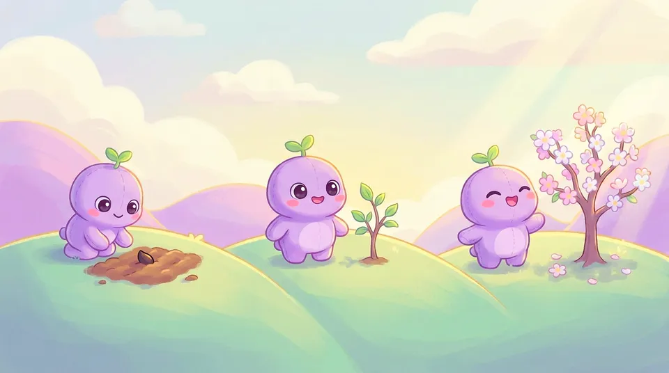 A seed, a sapling and a blossoming little tree on a hill, the dreamling beside each one