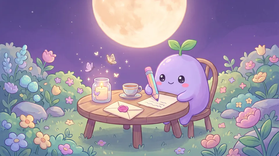 The dreamling writing a letter at a garden table under the full moon