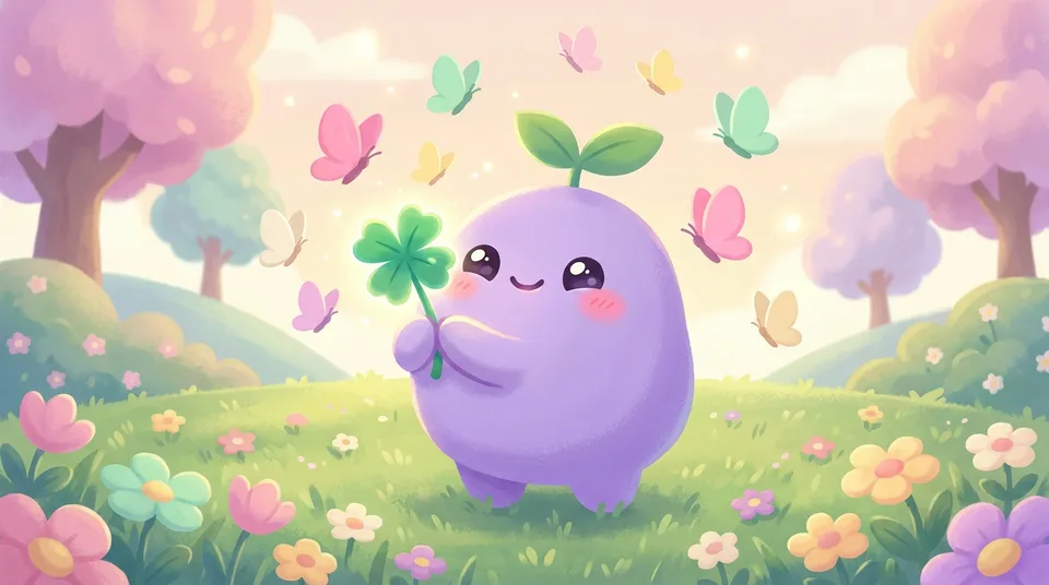 The dreamling holding up a glowing four-leaf clover it found in the grass