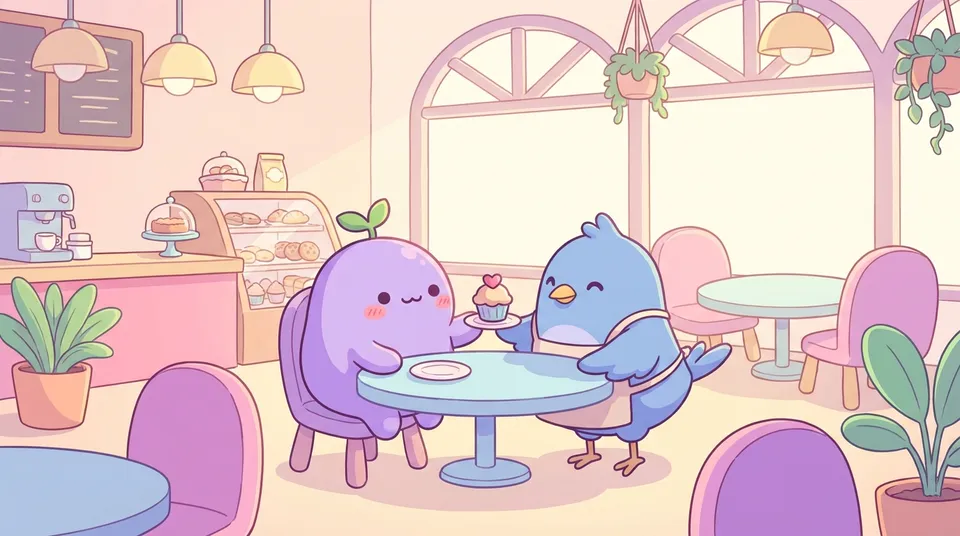 A small blue bird barista handing the dreamling a cupcake with a heart on top