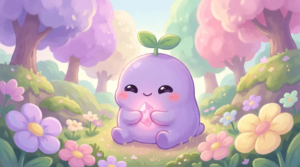 The dreamling holding a small pink crystal to its heart with its eyes closed