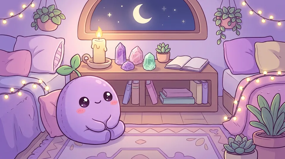 A cozy little shelf altar with crystals, a candle and a notebook under a crescent moon