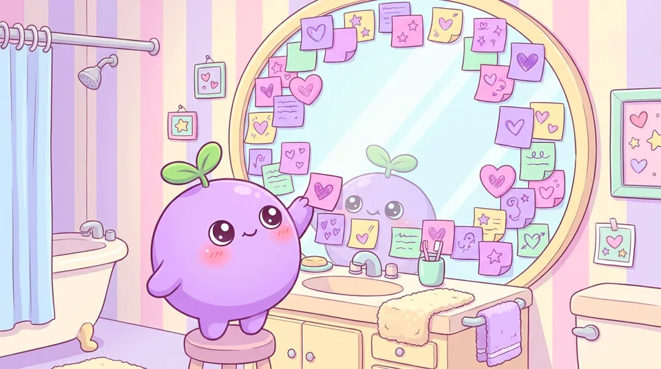 A mirror covered in colourful sticky notes with hearts and stars, the dreamling adding one more