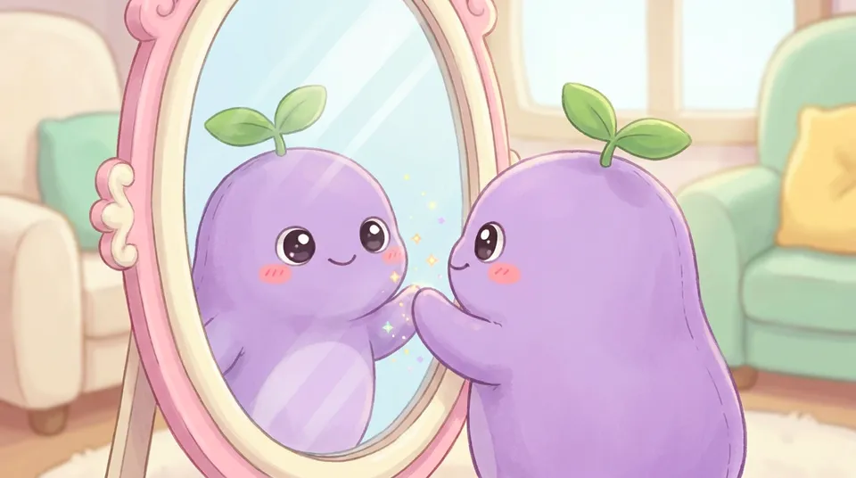 The dreamling and its reflection touching tiny hands at the mirror, both smiling