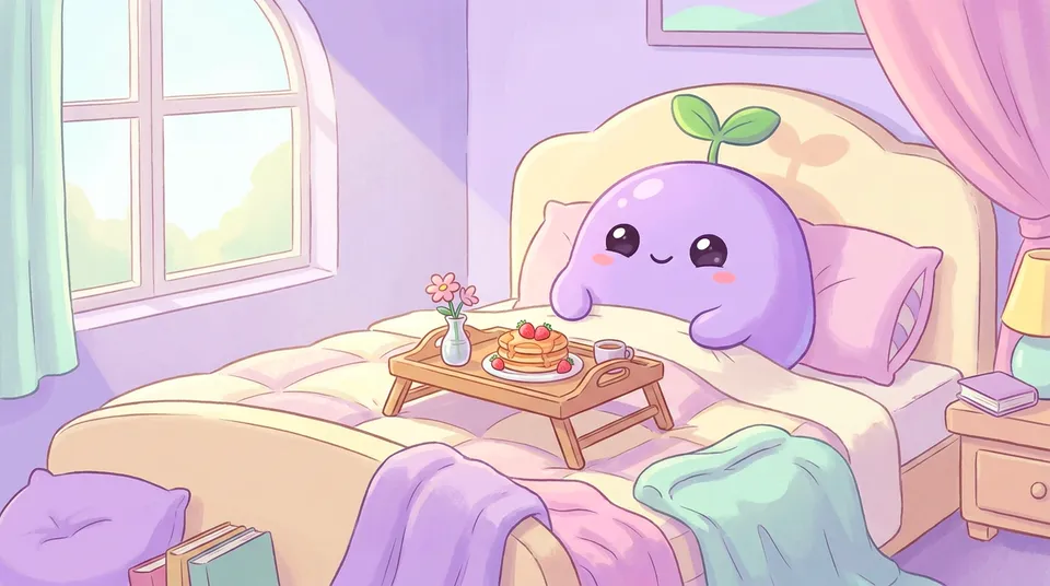 The dreamling enjoying a pretty breakfast tray in bed with pancakes and a flower