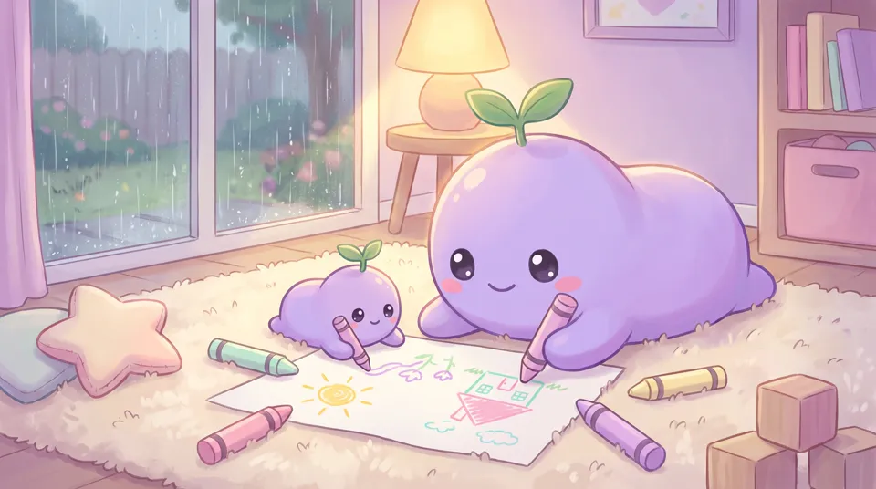The dreamling and its small self drawing with crayons on the floor