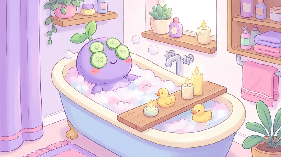 The dreamling relaxing in a bubble bath with cucumber slices, candles and a rubber duck