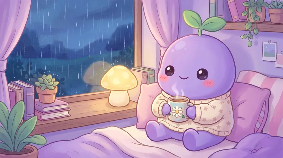The dreamling in pyjamas holding chamomile tea by a rainy window