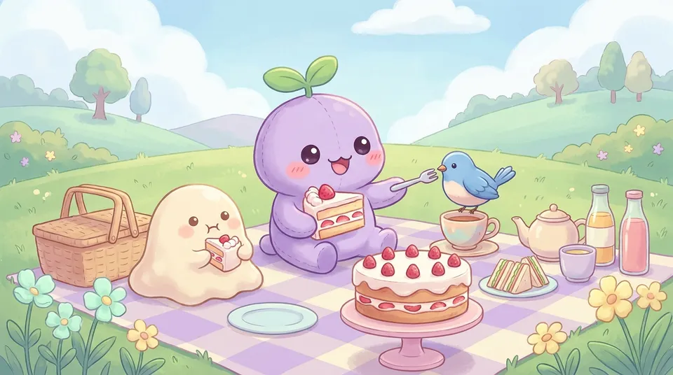 The dreamling sharing slices of a strawberry cake with a blue bird and a cream-coloured blob creature
