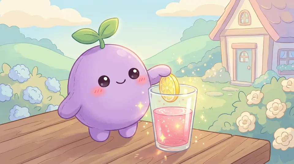 The dreamling smiling at a glass of pink lemonade half full, adding a lemon slice