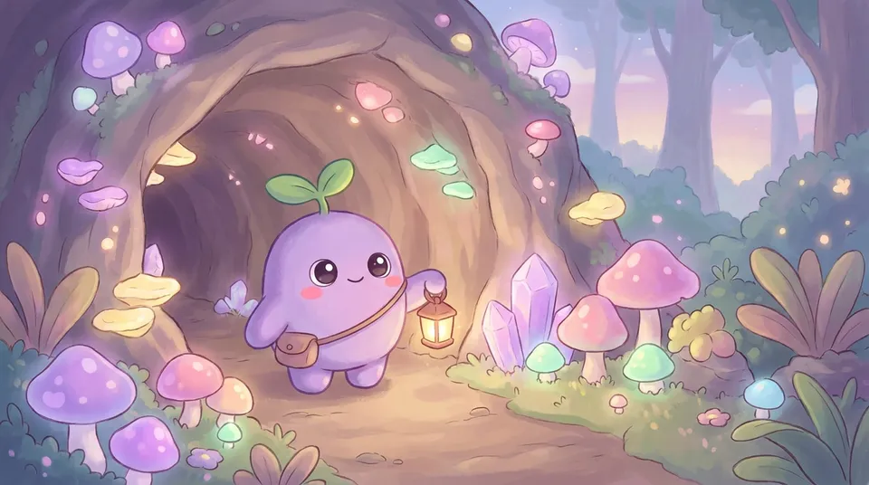The dreamling holding a lantern at the mouth of a cozy cave lit by glowing mushrooms