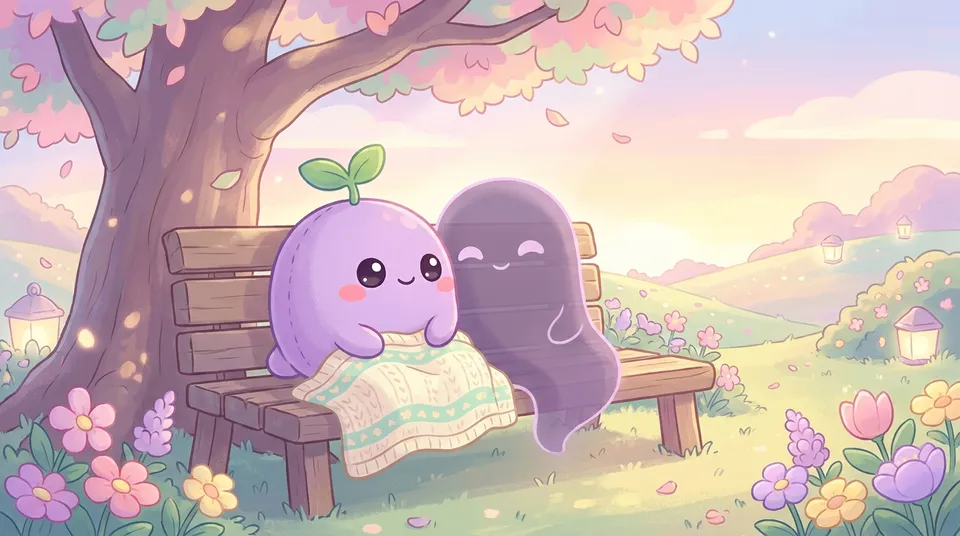 The dreamling and its shadow twin sharing a blanket on a bench