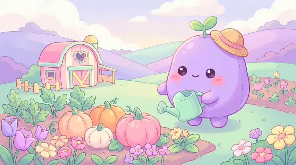 The dreamling in a tiny straw hat tending a pastel farm plot with pumpkins