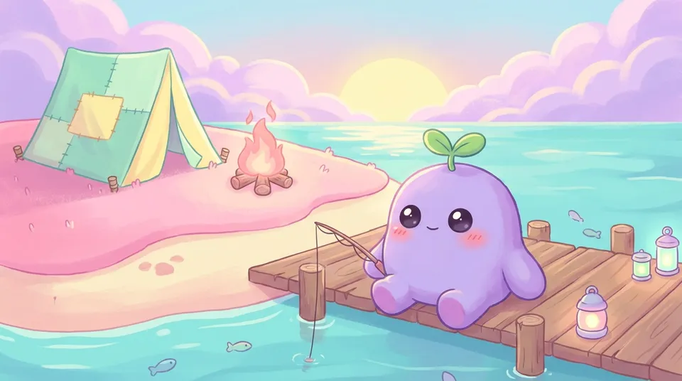 The dreamling fishing from a little dock on a pastel island at sunset, a tent and campfire behind