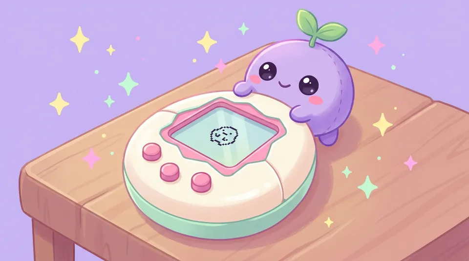A large cute egg-shaped handheld toy on a pastel table, the dreamling peeking over it