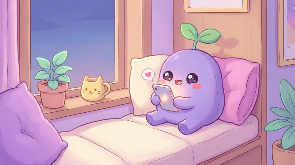 The dreamling in a window seat with a softly glowing phone and a tiny heart floating up