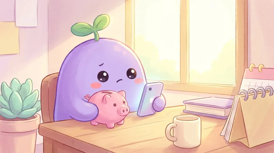 The dreamling holding a pink piggy bank and a softly glowing phone, thinking