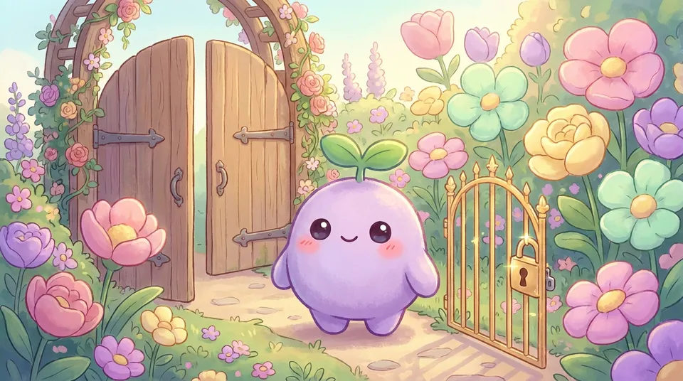 An open garden gate beside a small golden gate with a tiny lock, the dreamling looking at both