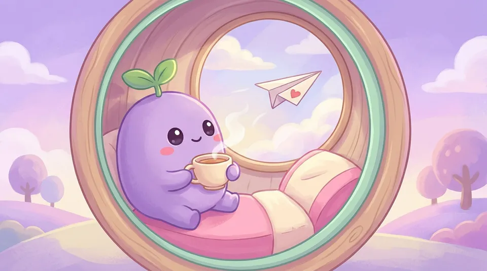 The dreamling waiting by a round window with tea as a paper airplane with a heart flies toward it