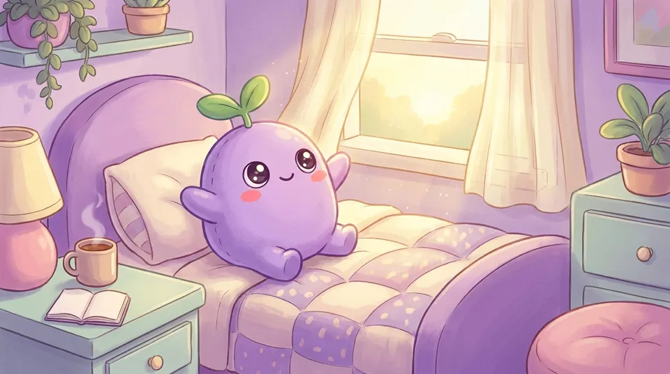 The dreamling stretching on its bed in morning light, tea and a notebook waiting on the nightstand