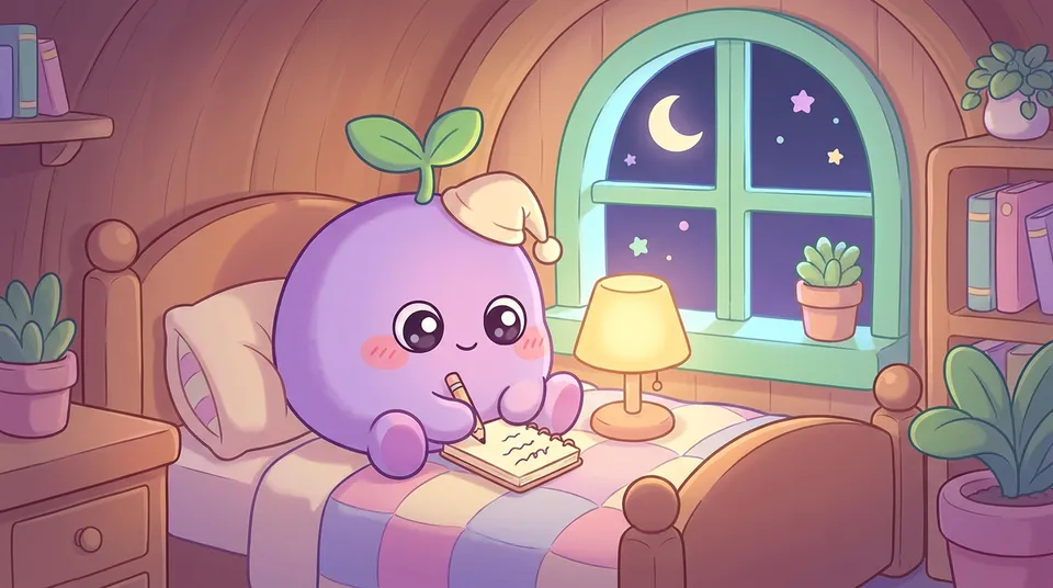 The dreamling writing three lines by a lamp before bed, a crescent moon outside