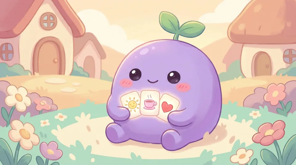 The dreamling holding up three small glowing cards with a sun, a teacup and a heart